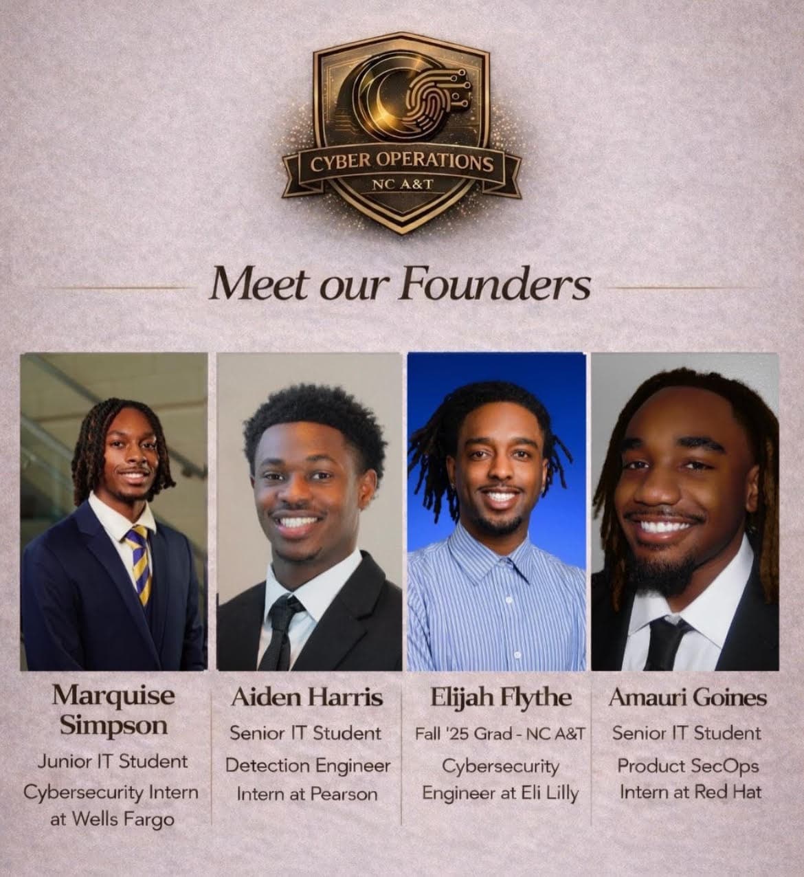 Cyber Operations NC A&T founders: Marquise Simpson, Aiden Harris, Elijah Flythe, and Amauri Goines